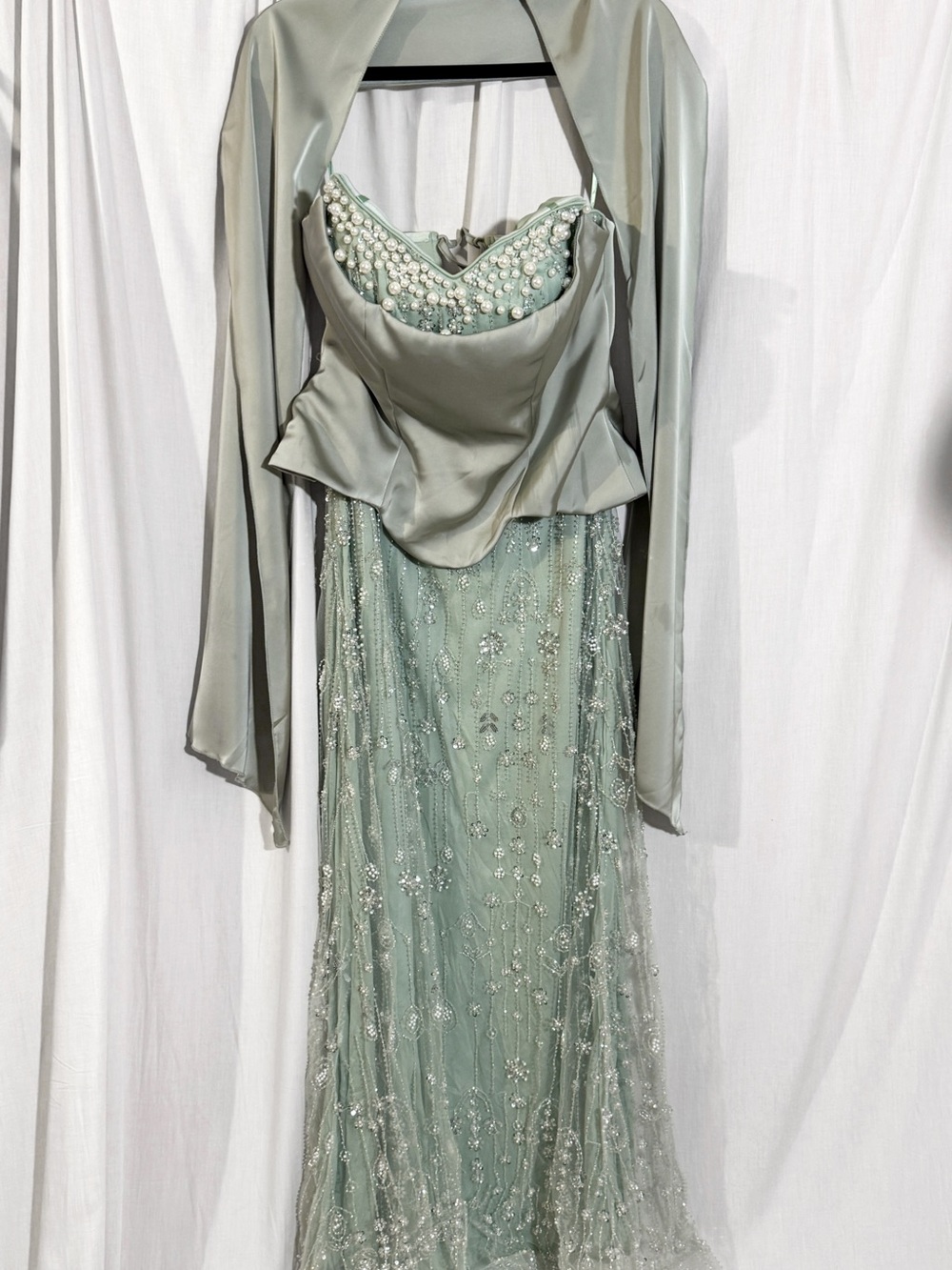Beaded Sequin Mermaid Evening Gown Scarf Green Size M - Picture 2 of 9